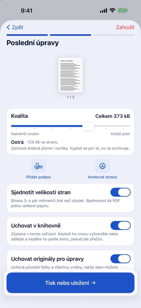 Konečné úpravy v Papiruno: kvalita, přidat podpis, označit stránku