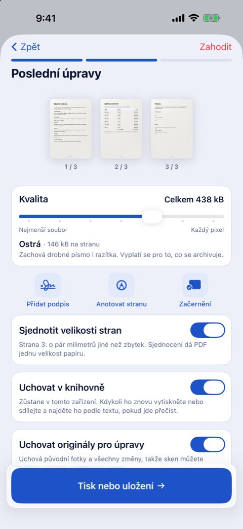 Poslední úpravy v Papiruno: kvalita, přidat podpis, anotovat stranu, začernění