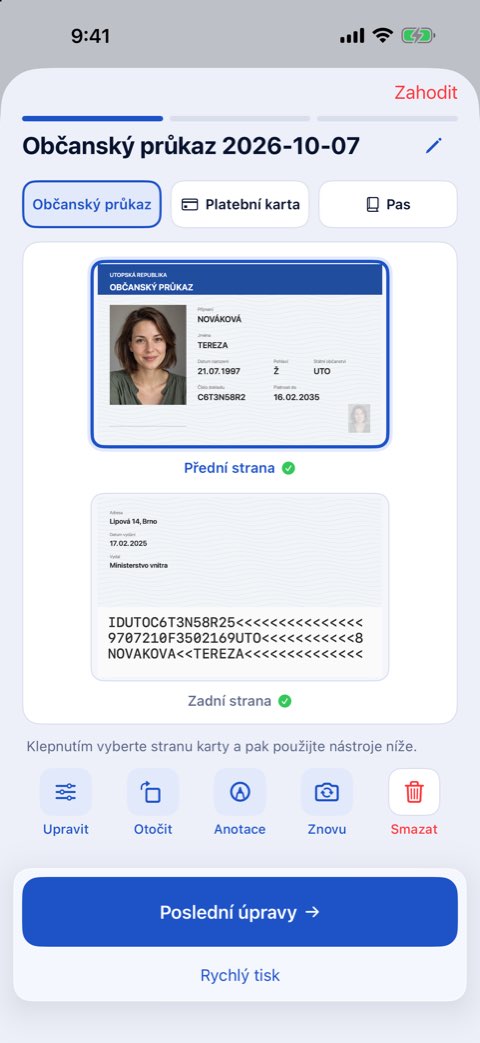 Přední a zadní strana občanského průkazu na jednom listu, připravené k tisku ve skutečné velikosti