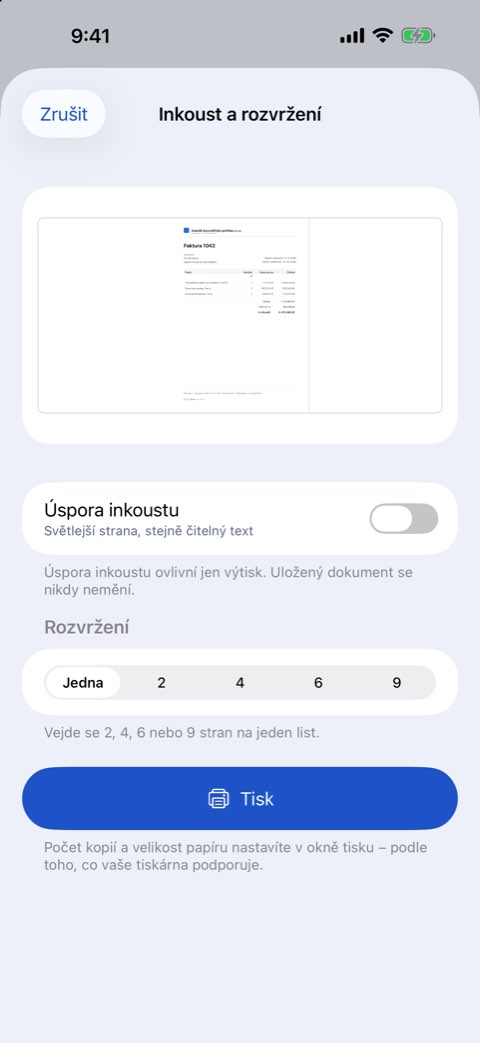 Volby inkoustu a rozvržení: stran na list a úspora inkoustu s náhledem