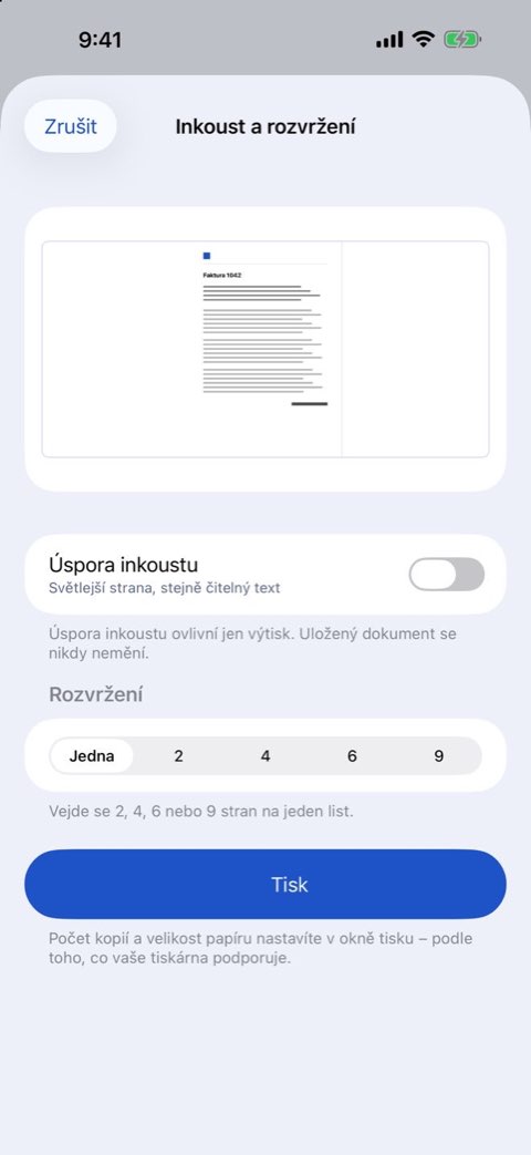 Volby inkoustu a rozvržení pro tisk dokumentu v Papiruno