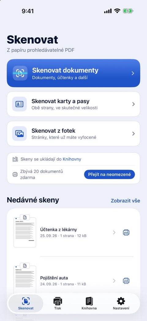 Obrazovka Skenovat v Papiruno: skenovat dokumenty, karty a pasy nebo z fotek