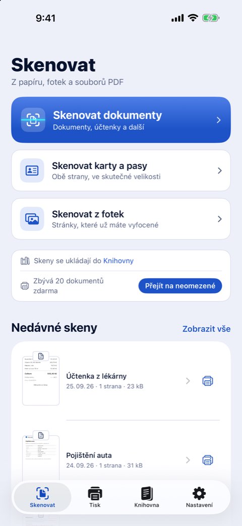 Karta Skenovat v Papiruno s volbami Skenovat dokumenty, Skenovat karty a pasy a Skenovat z fotek