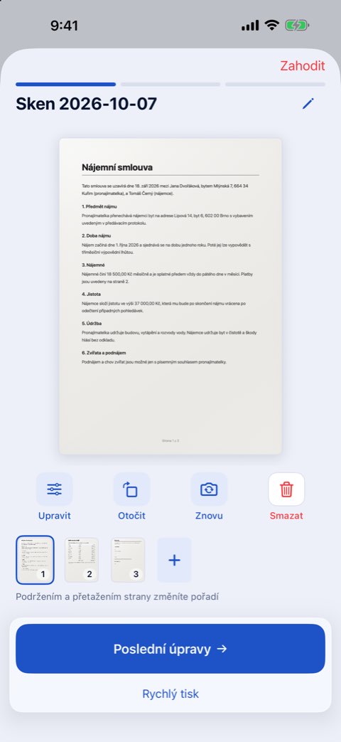 Třístránkový dokument naskenovaný v Papiruno v kroku Náhled skenu
