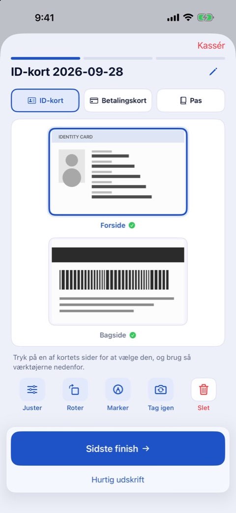 Forsiden og bagsiden af et ID-kort, scannet til udskrift i naturlig størrelse