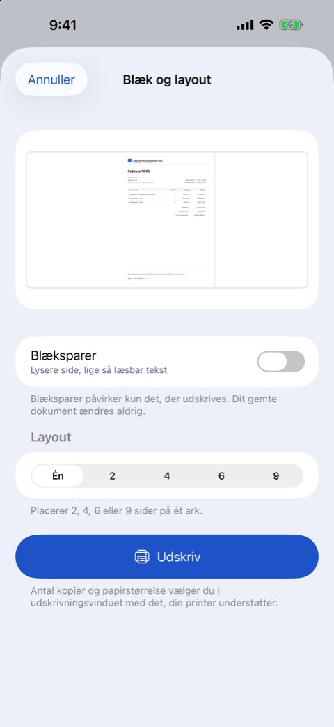 Indstillinger for blæk og layout: sider pr. ark og blæksparer med eksempel