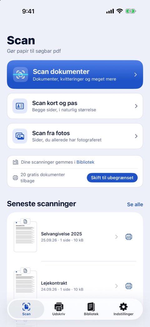 Papirunos Scan-skærm: scan dokumenter, scan kort og pas, eller scan fra fotos