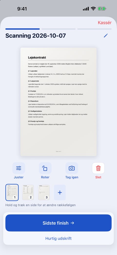 Et dokument på tre sider scannet i Papiruno, i trinnet Eksempel på scanning