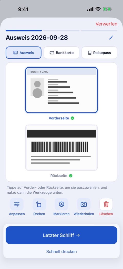 Vorder- und Rückseite eines Personalausweises, gescannt zum Drucken in Originalgröße