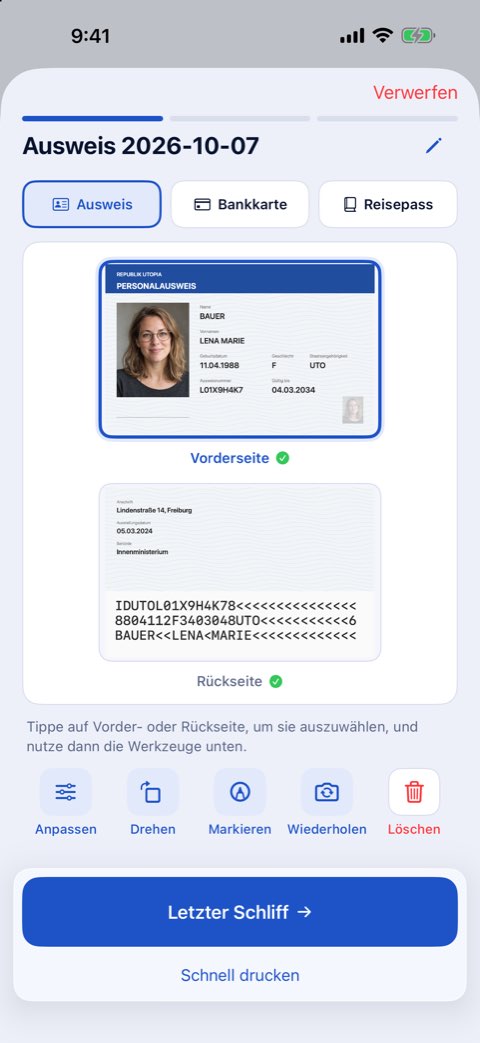 Vorder- und Rückseite eines Ausweises auf einem Blatt, bereit zum Druck in Originalgröße