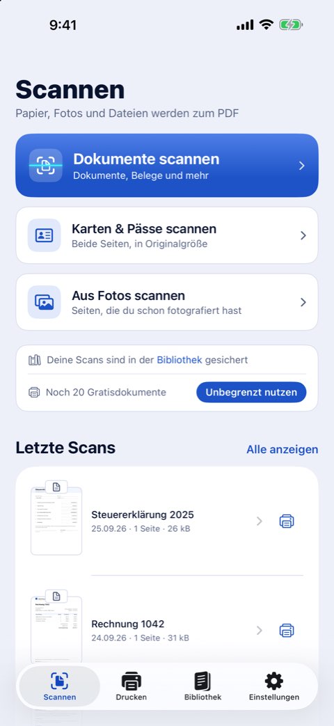 Der Tab „Scannen“ in Papiruno mit Dokumente scannen, Karten & Pässe scannen und Aus Fotos scannen