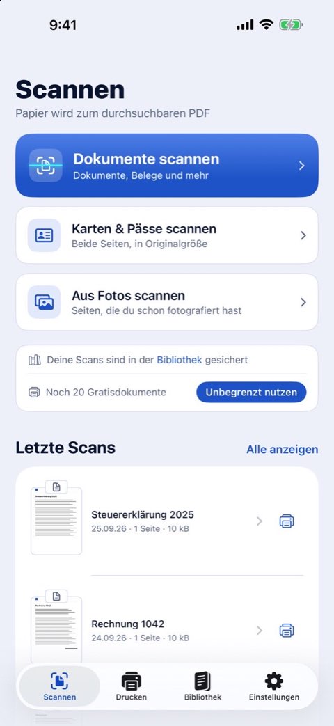 Der Scannen-Bildschirm von Papiruno: Dokumente scannen, Karten und Pässe scannen oder aus Fotos scannen