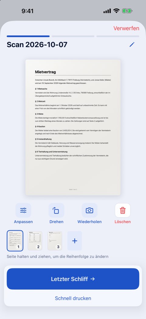 Ein dreiseitiges Dokument in Papiruno gescannt, im Schritt Scanvorschau