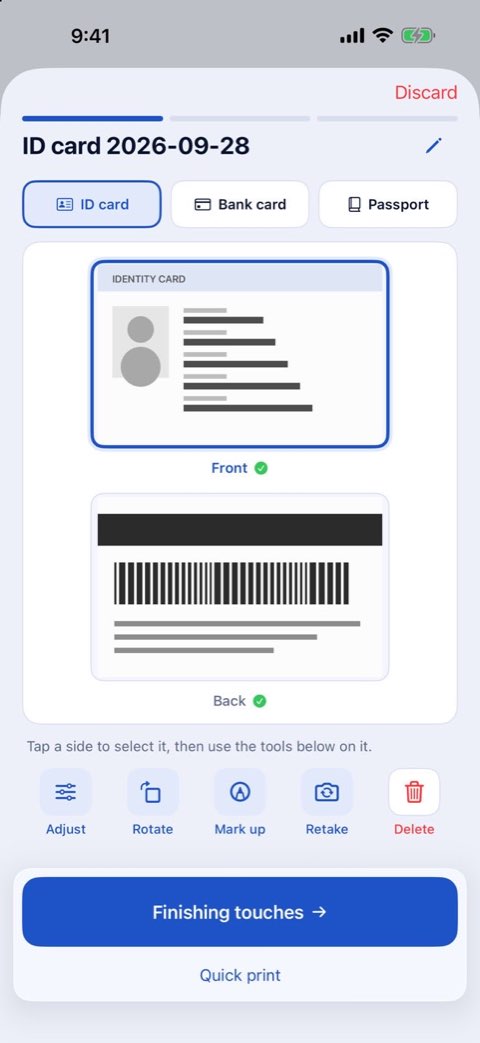 The front and back of an identity card, scanned for printing at true size