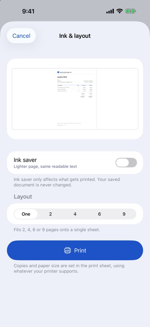 Ink and layout options: pages per sheet and ink saver with a preview