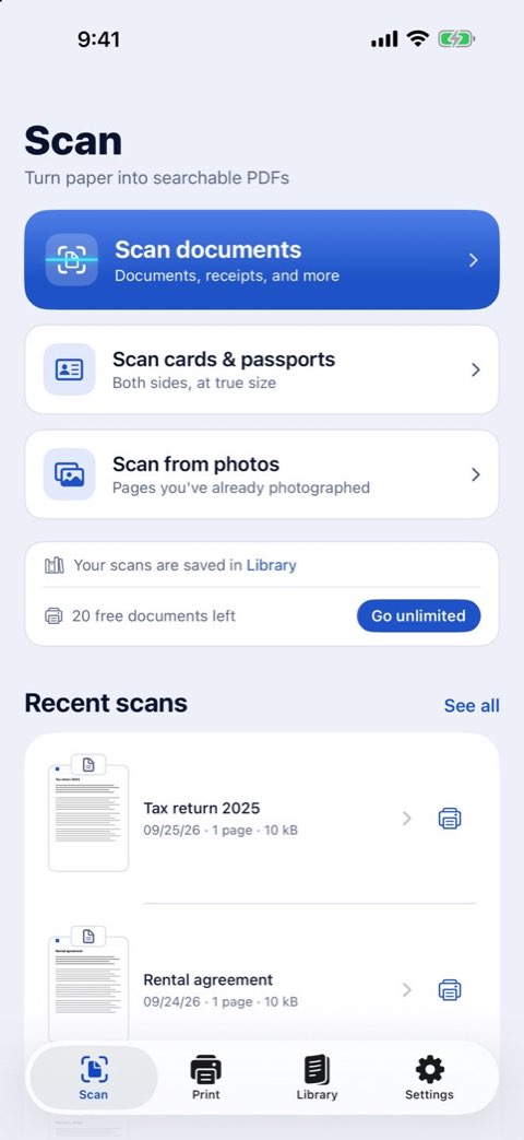 Papiruno's Scan screen: scan documents, scan cards and passports, or scan from photos