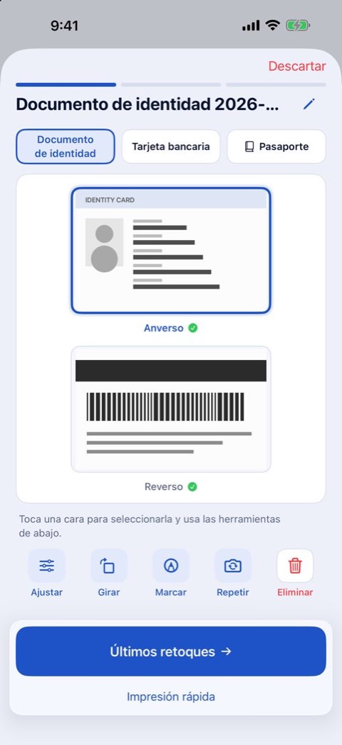 El anverso y el reverso de un documento de identidad, escaneados para imprimirse a tamaño real