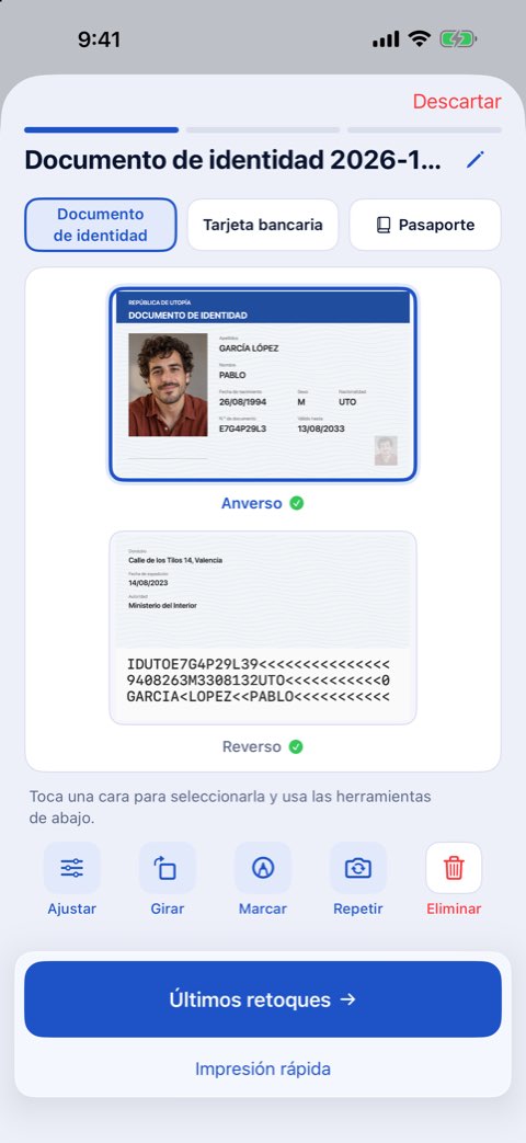 El anverso y el reverso de un documento de identidad en una página, listos para imprimir a tamaño real