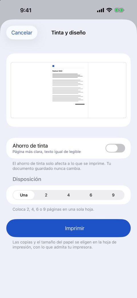Opciones de tinta y diseño para imprimir un documento en Papiruno