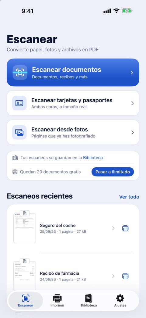 La pestaña Escanear de Papiruno, con Escanear documentos, Escanear tarjetas y pasaportes y Escanear desde fotos