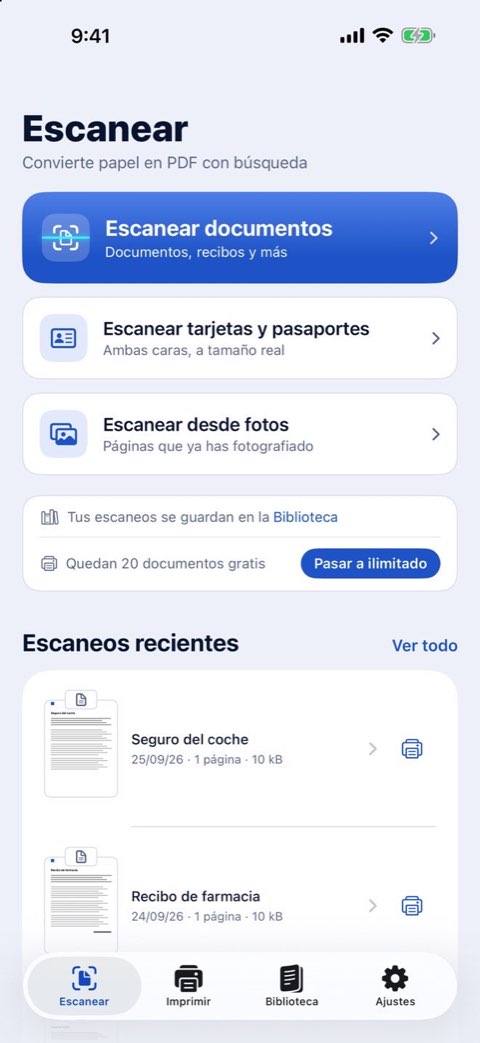 La pantalla Escanear de Papiruno: escanear documentos, tarjetas y pasaportes, o desde fotos