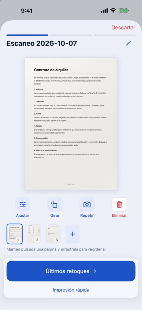 Un documento de tres páginas escaneado en Papiruno, en el paso Vista previa del escaneo