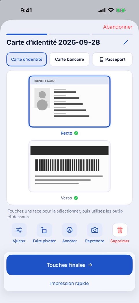 Le recto et le verso d’une carte d’identité, scannés pour être imprimés en taille réelle