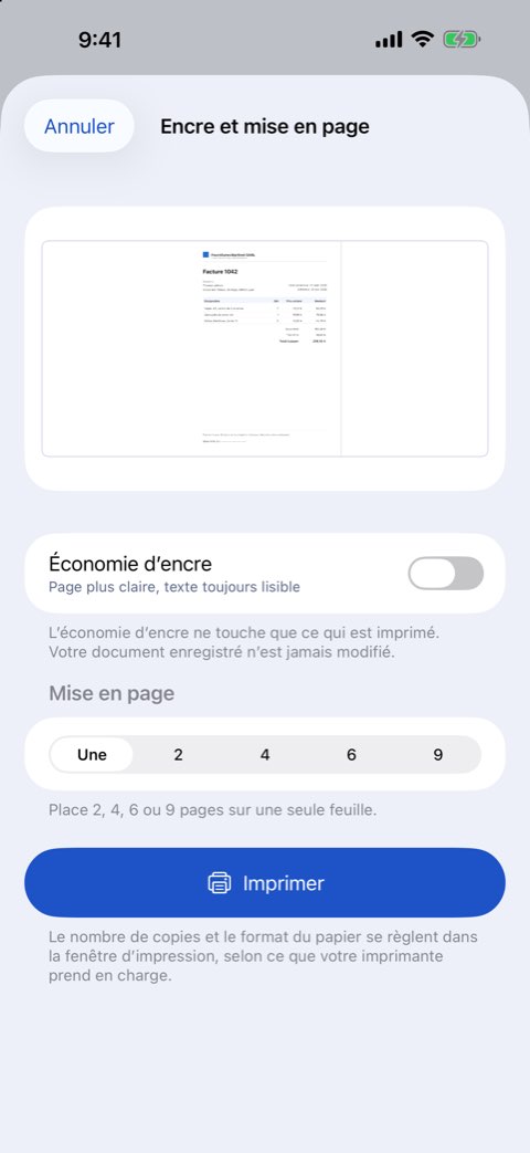 Options d’encre et de mise en page : pages par feuille et économie d’encre avec aperçu