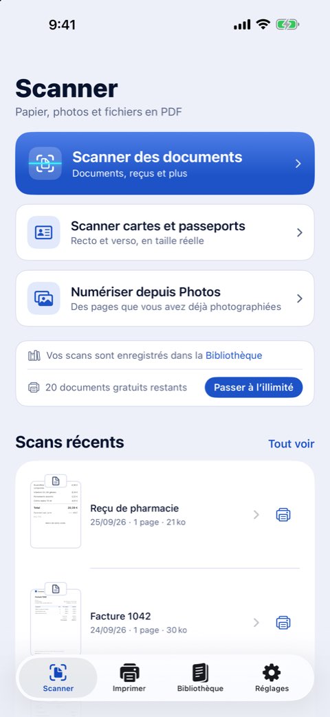 L’onglet Scanner de Papiruno, avec Scanner des documents, Scanner cartes et passeports et Numériser depuis Photos