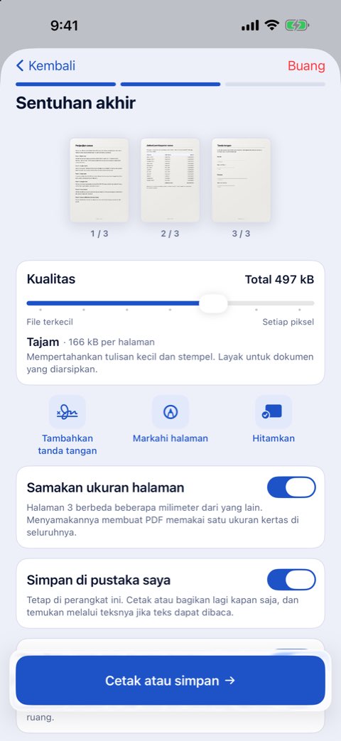 Sentuhan akhir di Papiruno: kualitas, tambahkan tanda tangan, markahi halaman, hitamkan