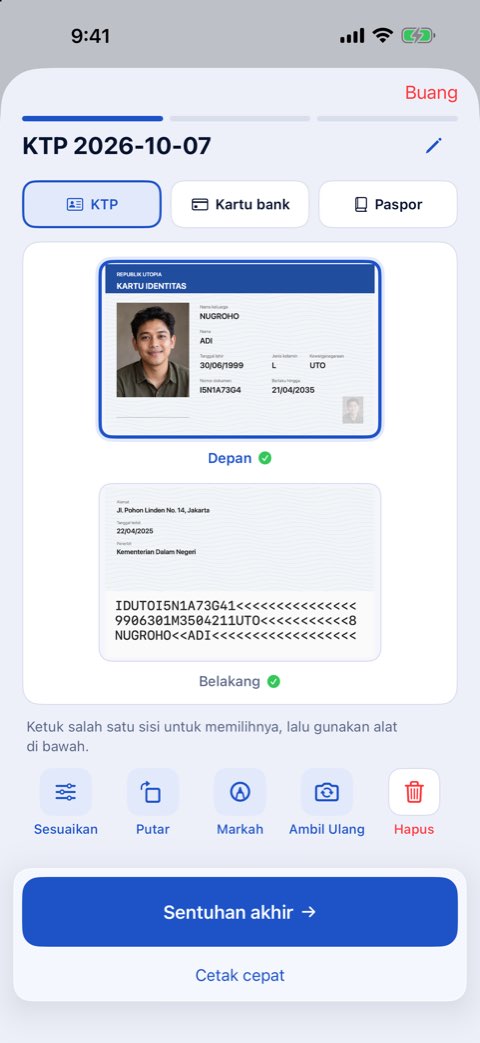 Sisi depan dan belakang KTP dalam satu halaman, siap dicetak dengan ukuran asli
