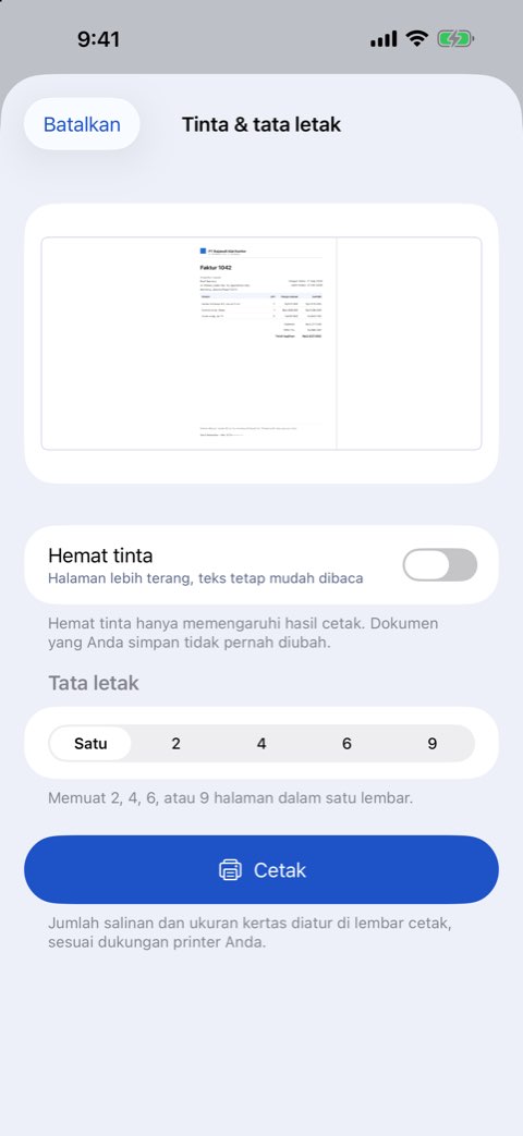 Pilihan tinta dan tata letak: halaman per lembar dan hemat tinta dengan pratinjau
