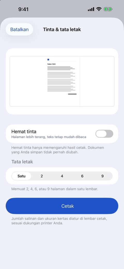 Pilihan tinta dan tata letak untuk mencetak dokumen di Papiruno