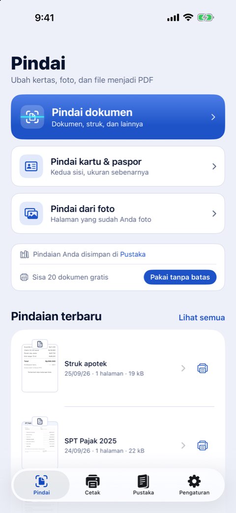 Tab Pindai di Papiruno, dengan Pindai dokumen, Pindai kartu & paspor, dan Pindai dari foto