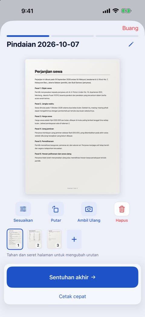 Dokumen tiga halaman yang dipindai di Papiruno, pada langkah Pratinjau pindaian
