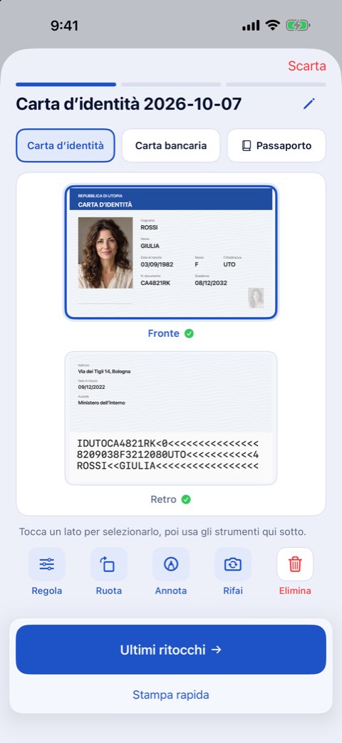 Fronte e retro di una carta d’identità su un foglio, pronti per la stampa a grandezza reale