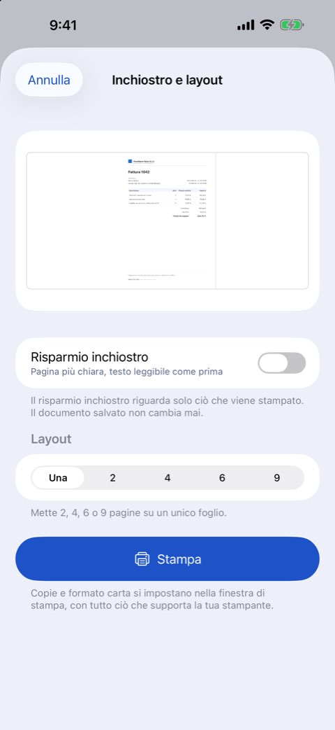 Opzioni di inchiostro e layout: pagine per foglio e risparmio inchiostro con anteprima