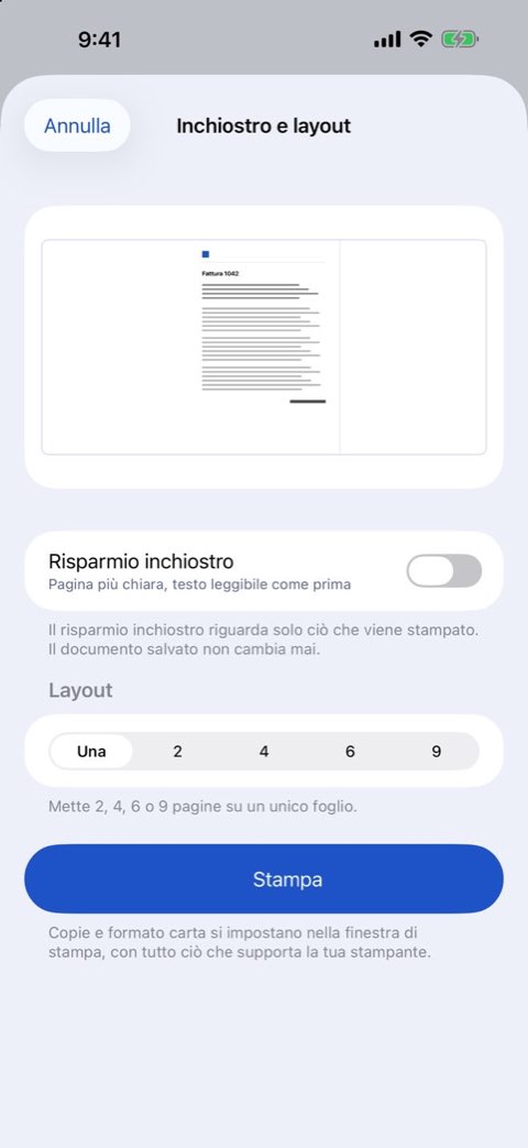 Opzioni di inchiostro e layout per stampare un documento in Papiruno