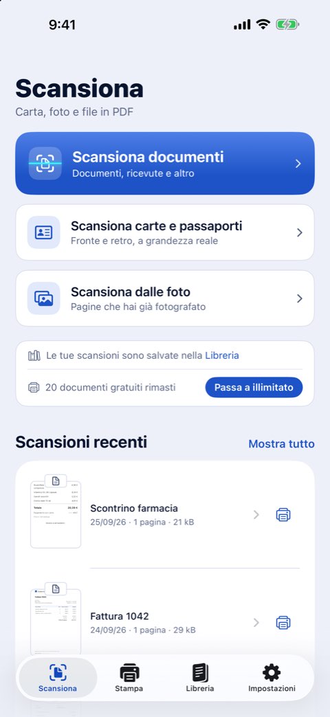 La scheda Scansiona di Papiruno, con Scansiona documenti, Scansiona carte e passaporti e Scansiona dalle foto