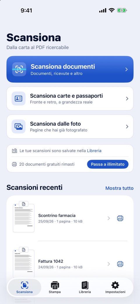 La schermata Scansiona di Papiruno: scansiona documenti, carte e passaporti, o da foto