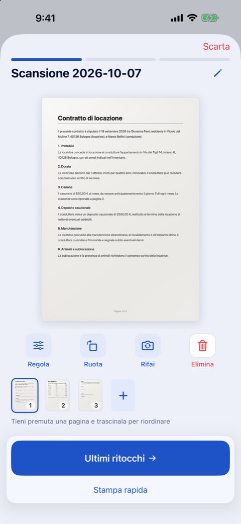 Un documento di tre pagine scansionato in Papiruno, al passaggio Anteprima scansione