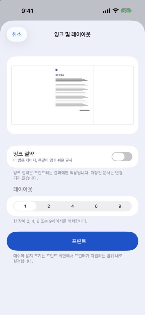 Papiruno에서 문서를 프린트할 때의 잉크 및 레이아웃 옵션
