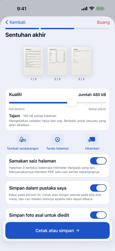 Sentuhan akhir dalam Papiruno: kualiti, tambah tandatangan, tanda halaman, hitamkan