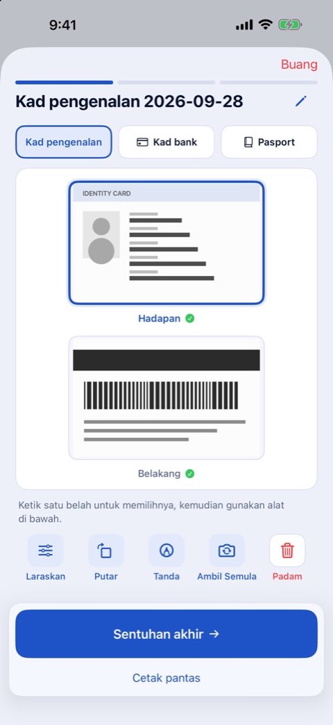 Bahagian depan dan belakang kad pengenalan, diimbas untuk dicetak pada saiz sebenar