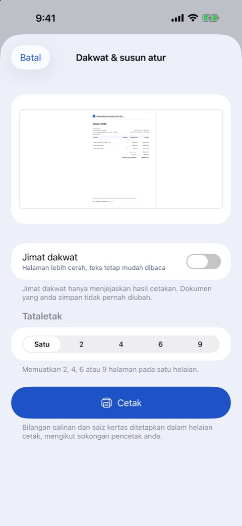 Pilihan dakwat dan susun atur: halaman setiap helaian dan jimat dakwat dengan pratonton
