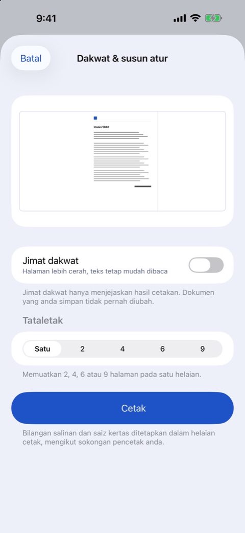 Pilihan dakwat dan susun atur untuk mencetak dokumen dalam Papiruno