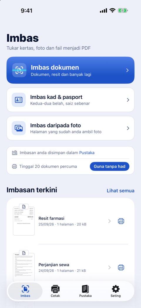 Tab Imbas dalam Papiruno, dengan Imbas dokumen, Imbas kad & pasport dan Imbas daripada foto