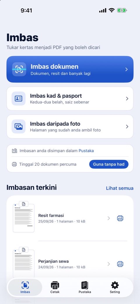 Skrin Imbas Papiruno: imbas dokumen, imbas kad dan pasport, atau imbas daripada foto