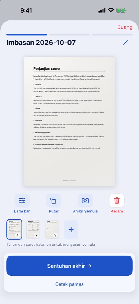 Dokumen tiga halaman yang diimbas dalam Papiruno, pada langkah Pratonton imbasan