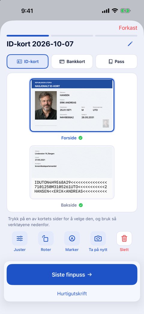For- og baksiden av et ID-kort på ett ark, klart til utskrift i ekte størrelse